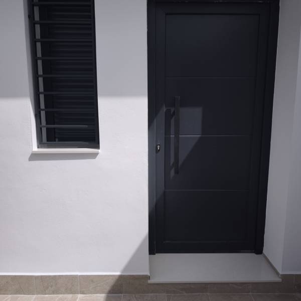 Puerta entrada PVC con tirador de acero